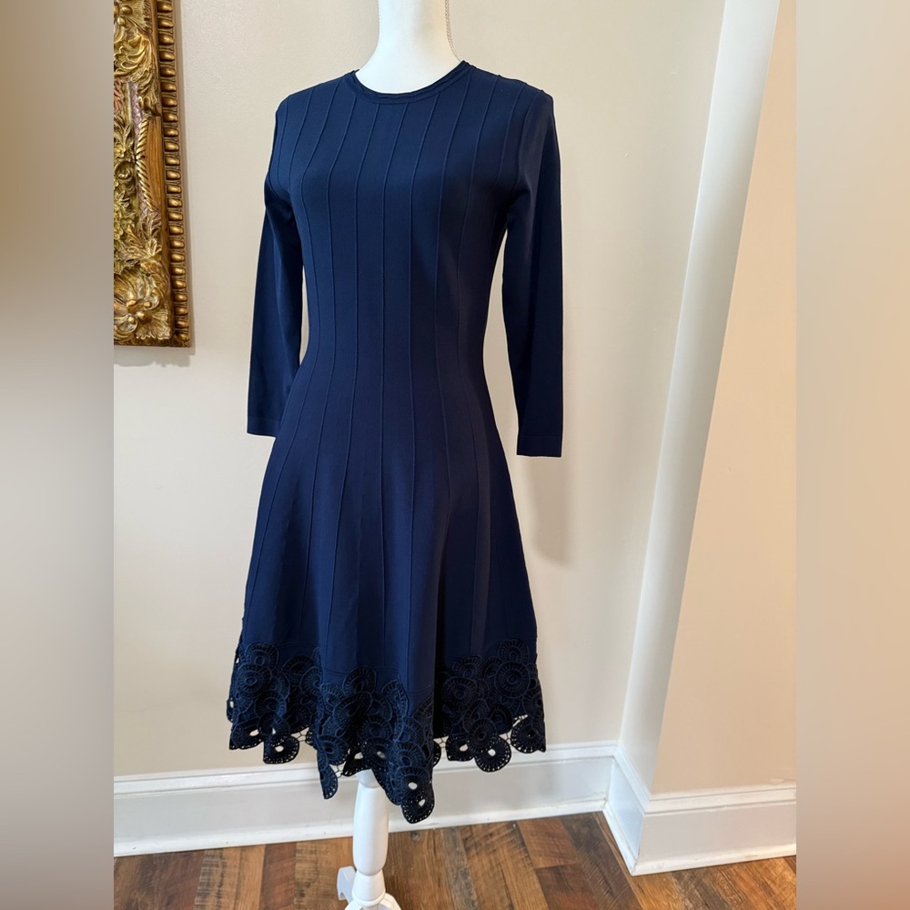 Lela Rose Navy Long Sleeve Dress with Lace Hem